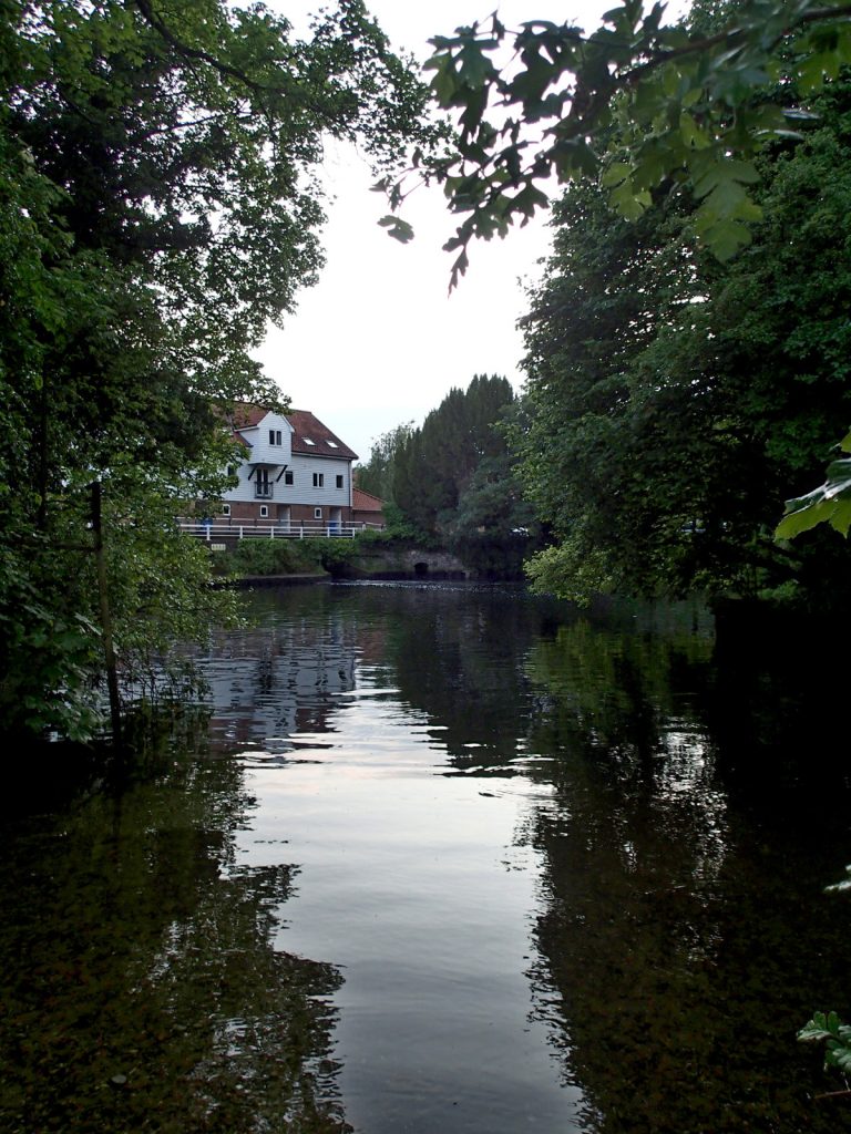 water and trees with mill visible