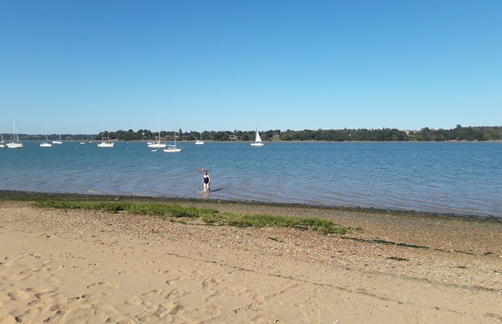 river with boats and swimmers