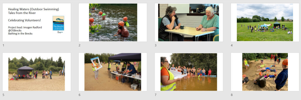 printscreen of eight images in PowerPoint presentation: 1-8 title slide, people swimming in a river, swim intro events reception and briefing