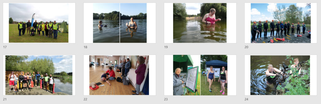 printscreen of eight images in PowerPoint presentation: 17-24 volunteers testing water, lifeguard training, swimmers with display and in river