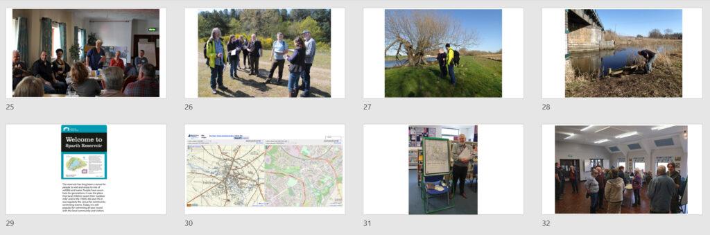 printscreen of eight images in PowerPoint presentation: 25-32 swimmers talking to landowners, doing riverbank survey, maps and mapping, local history drop-in session