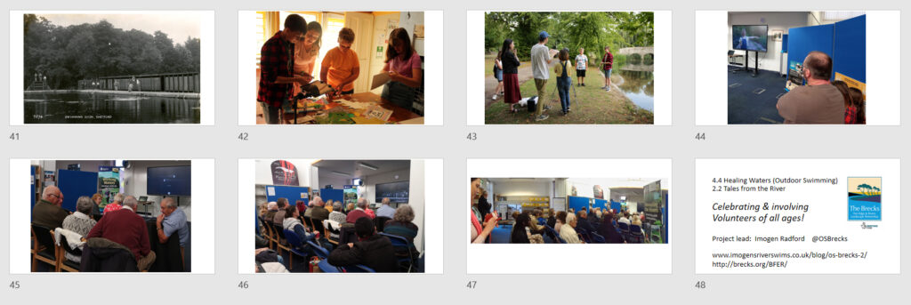 printscreen of eight images in PowerPoint presentation: 41-48 young people filming, animation, research, historic photo of river swimming baths, film launch, final slide with contact info