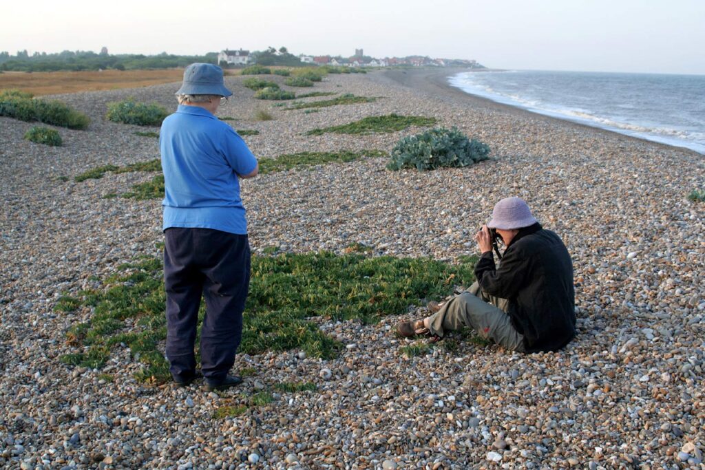 Mum watching Imogen with a camera, plants on shingle beach, sea and distant view of Thorpeness
