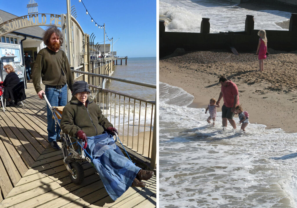 Nick pushing mum in wheelchair, entrance with ‘Southwold pier’ sign; a father and children paddling on the water’s edge