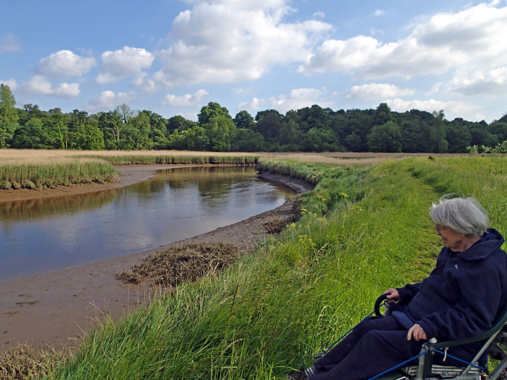 a woman in a wheelchair sitting looking over a tidal river with mud edges