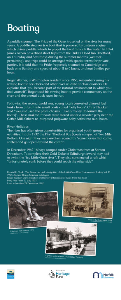 Image of exhibition display panel, which has a dark cyan background, a heading, text, then 3-5 mostly black and white historic images of the activity. The text can be downloaded from this webpage, including captions for the historic images.
