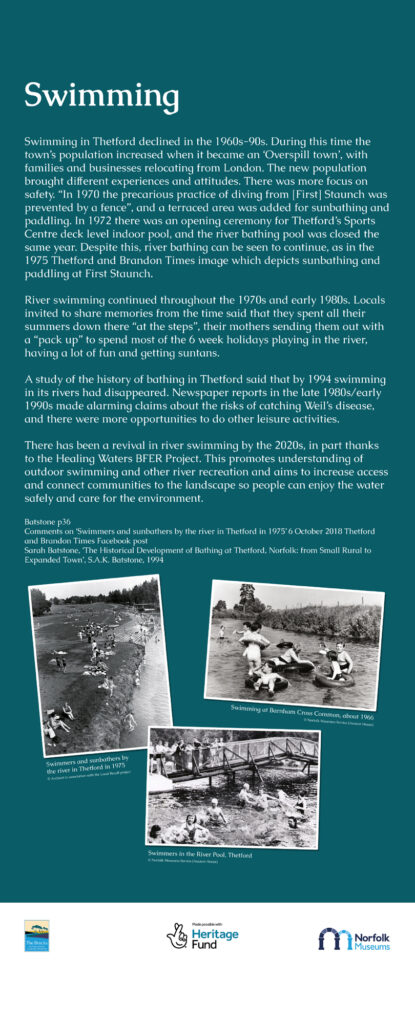 Image of exhibition display panel, which has a dark cyan background, a heading, text, then 3-5 mostly black and white historic images of the activity. The text can be downloaded from this webpage, including captions for the historic images.