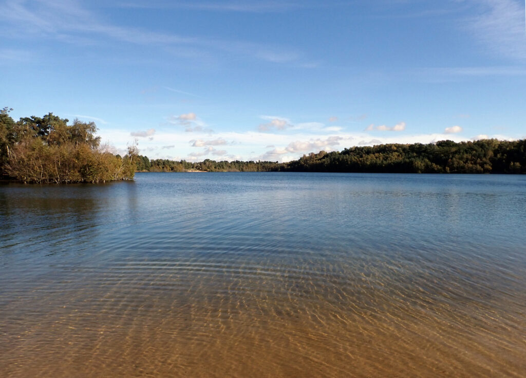 shallow sandy edge of large lake, reflecting blue sky