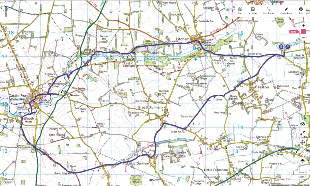 OS map with route taken marked