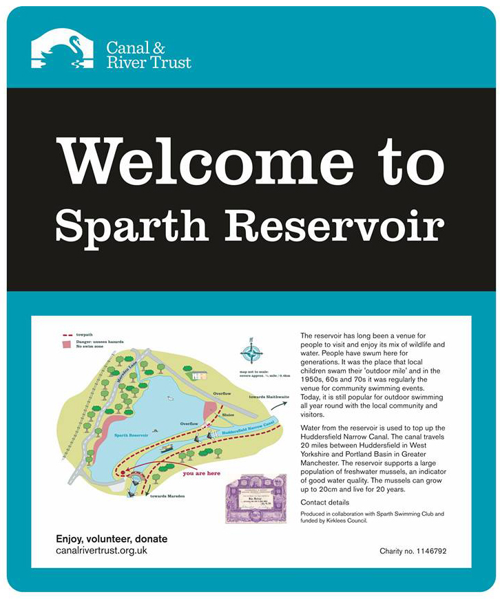 sign reading “Welcome to Sparth reservoir” with history of outdoor swimming