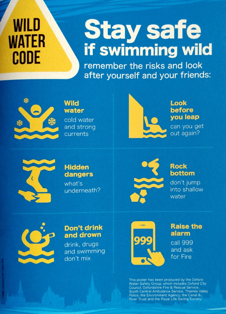Oxford Wild Water code, with pictorial info on keeping safe, by Oxford Water Safety Group. Similar text on the website, https://www.oxford.gov.uk/waterways/wild-swimming