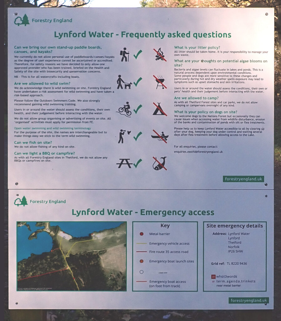 Lynford Water FAQ sign, including open water swimming, algae, other activities, text available in link, https://www.forestryengland.uk/article/lynford-water-frequently-asked-questions#text-163131